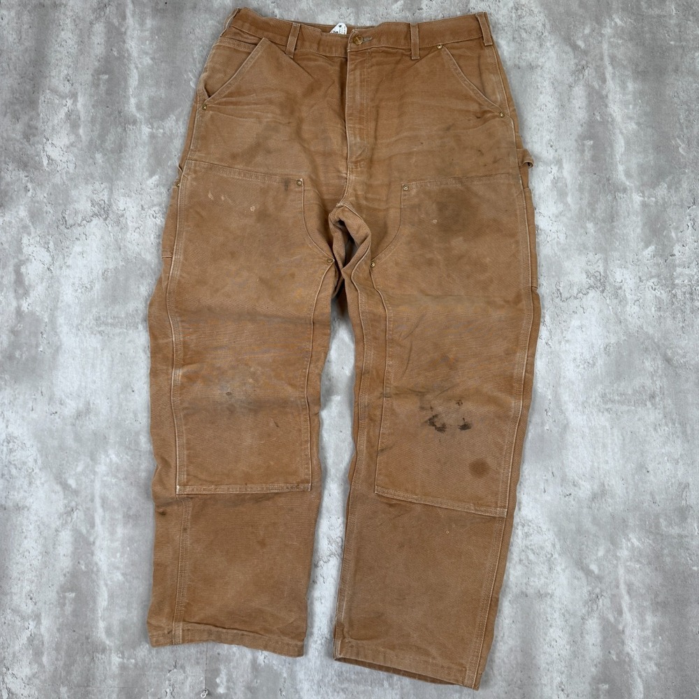 Carhartt Double Knee Canvas Work Pants Mens 36x34 Tan Distressed Loose B01 BRN